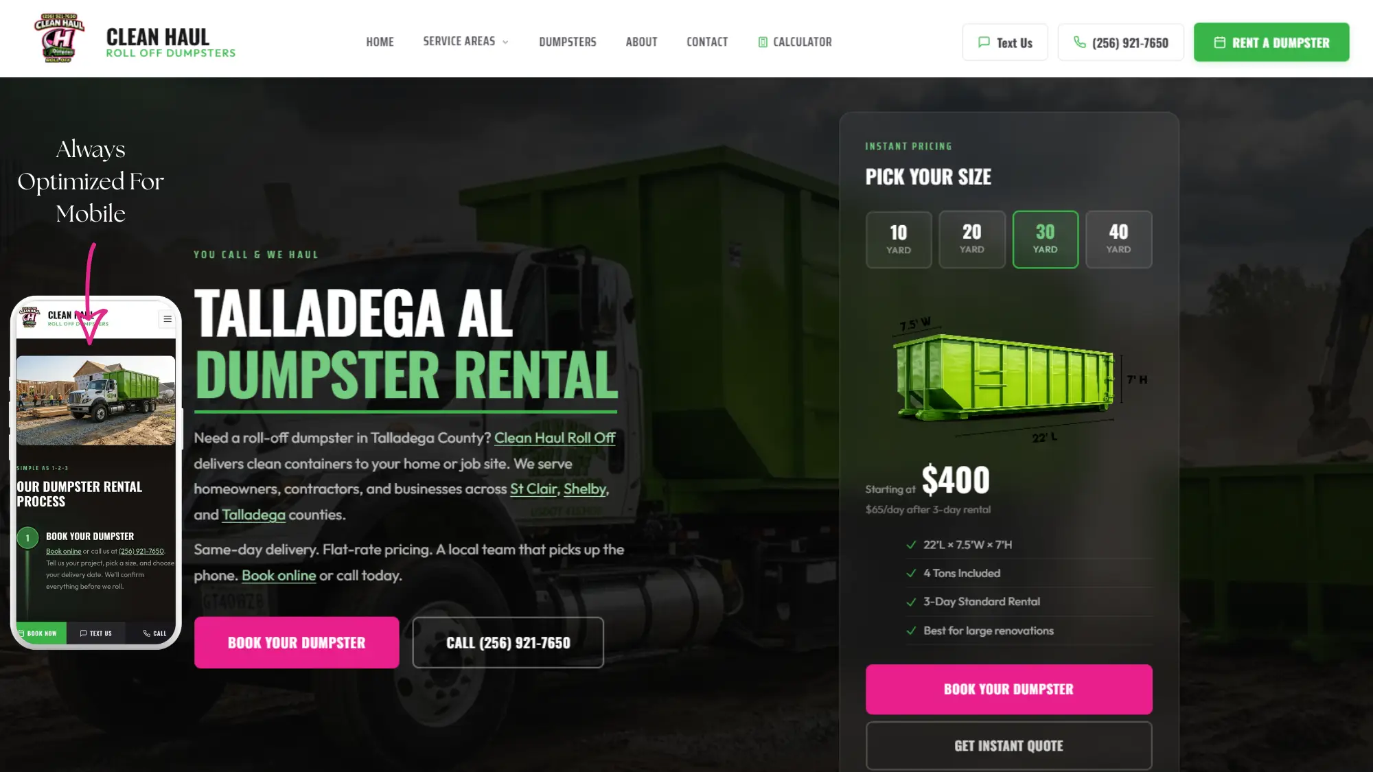 Clean Haul Dumpster Rentals - custom website built by Magnate Productions with desktop and mobile views