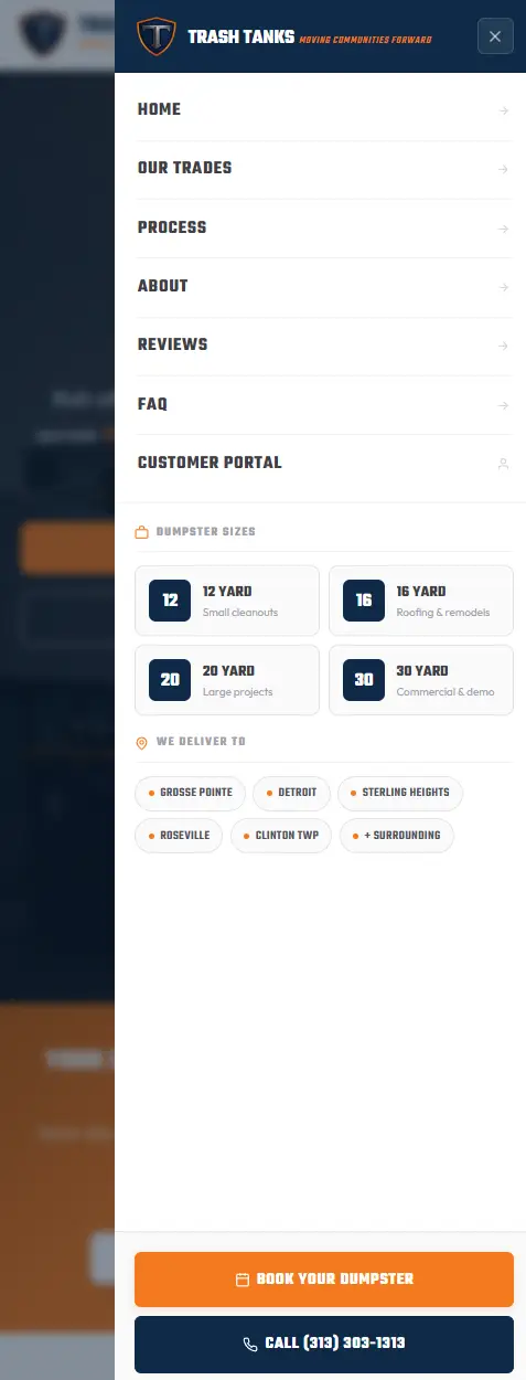 Trash Tanks mobile view - navigation open