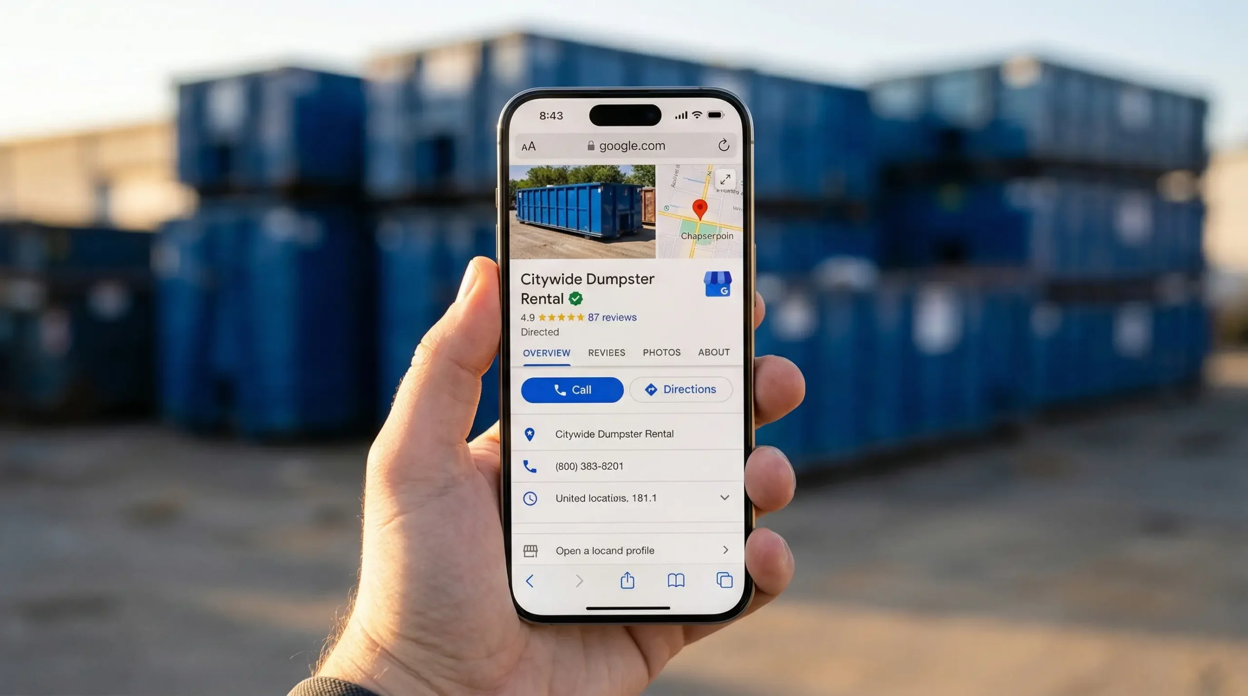 Phone screen showing verified Google Business Profile for a dumpster rental company