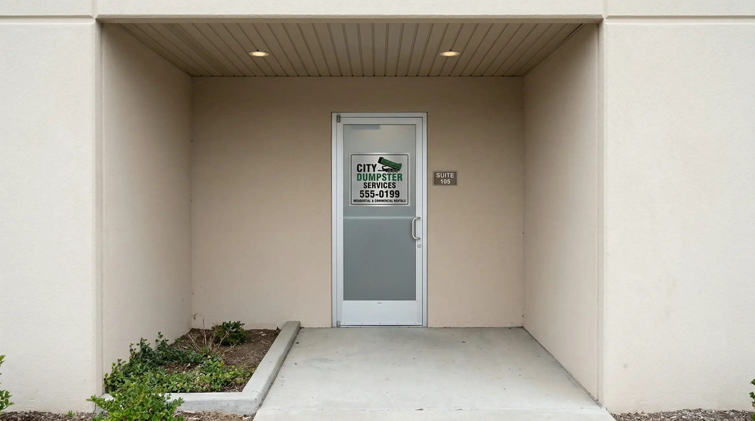 Commercial office door with dumpster rental company sign matching GBP listing