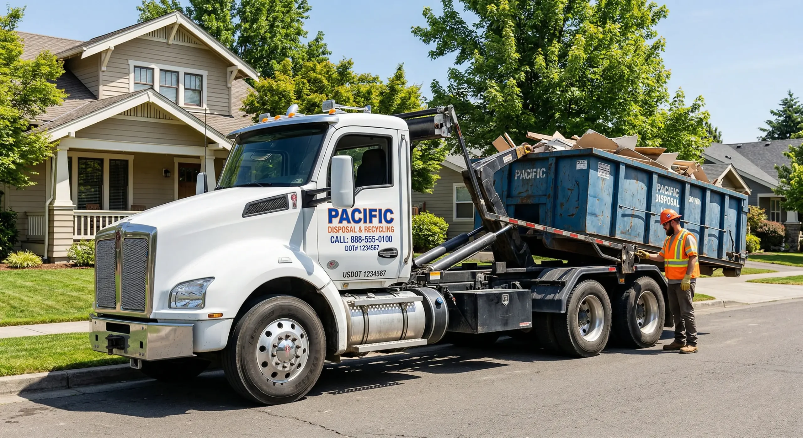 Hook-lift dumpster truck with company name and phone number delivering a roll-off