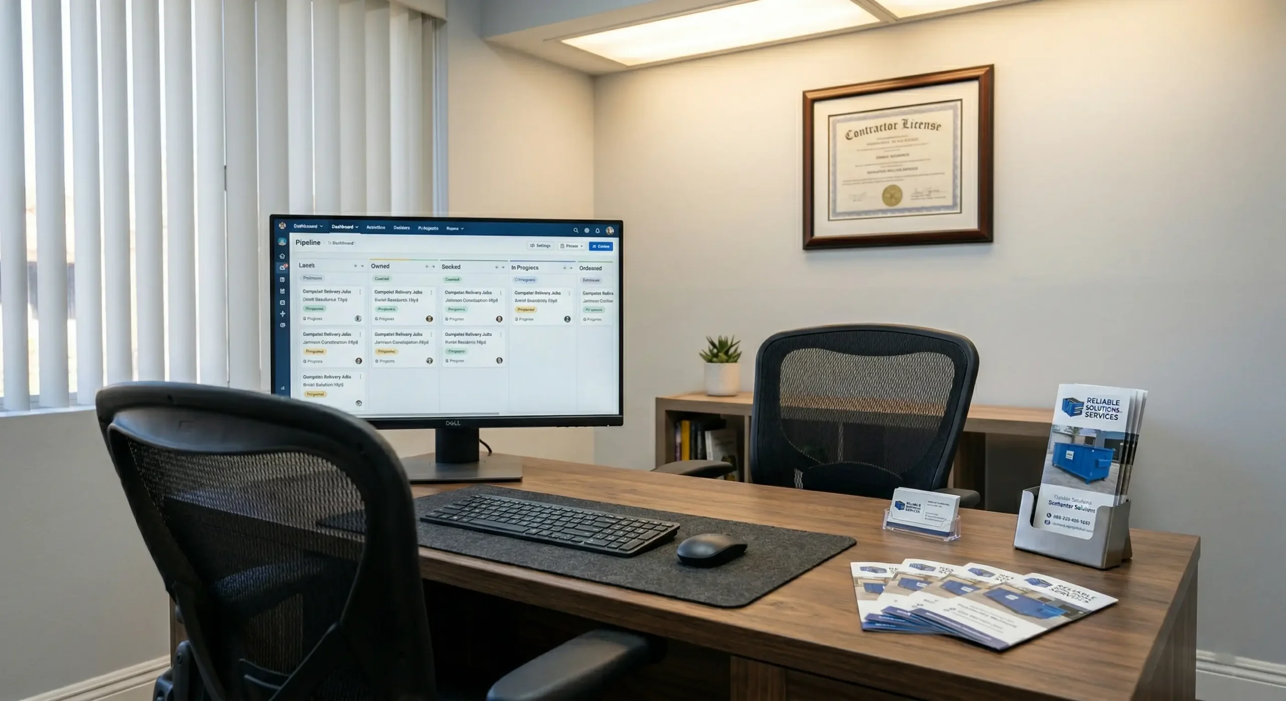Office desk with CRM dashboard showing dumpster delivery pipeline