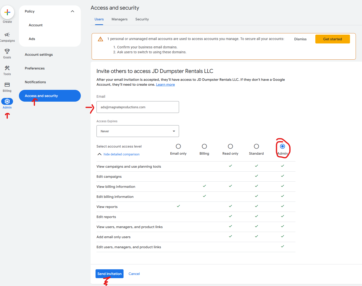 Google Ads invite screen with Admin access level selected