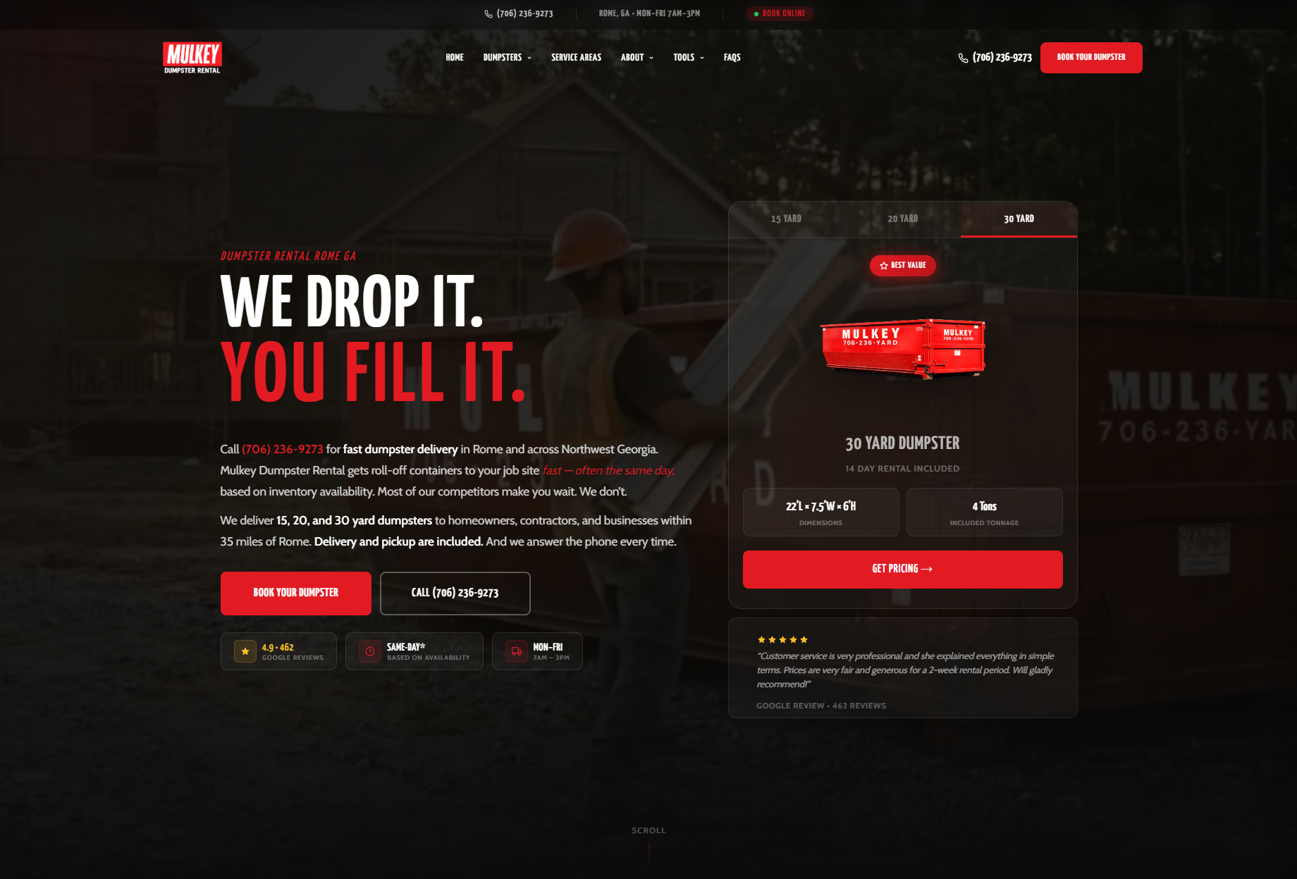 Mulkey Dumpster Rental website built by Magnate