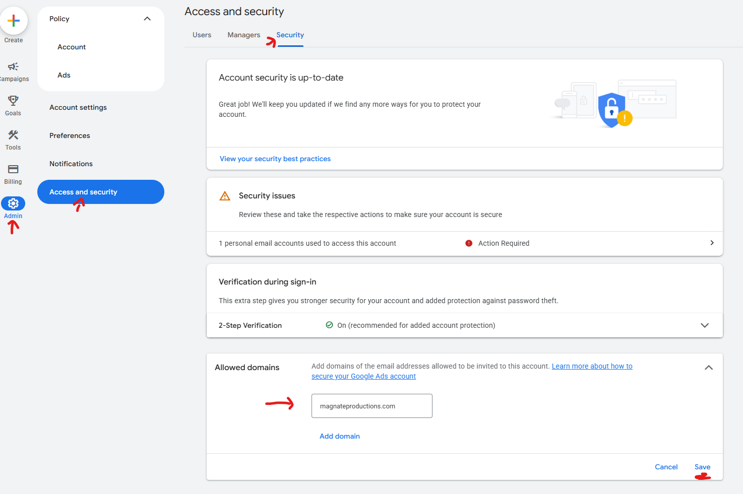 Google Ads navigation showing Admin then Access and Security then Security tab