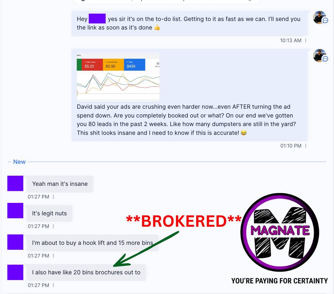 Text from a dumpster operator about jobs booked from Google Ads