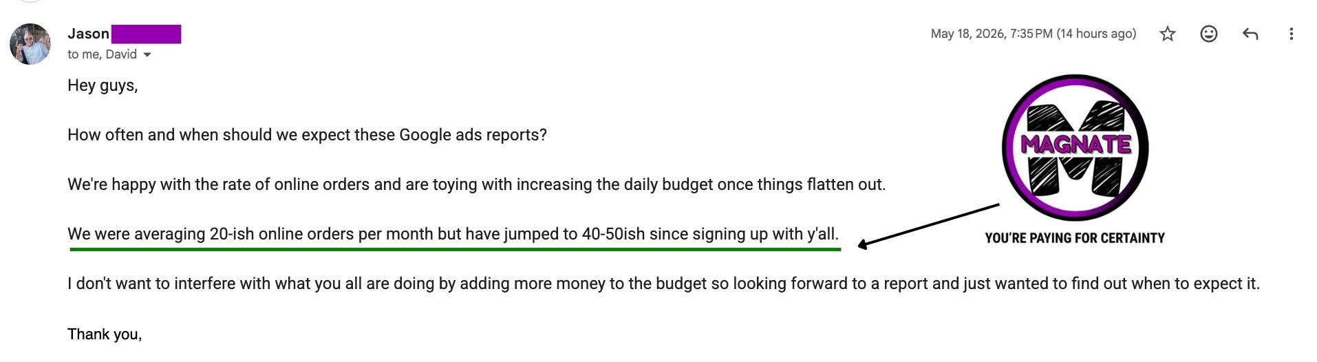 Client text message about calls coming in from Google Ads