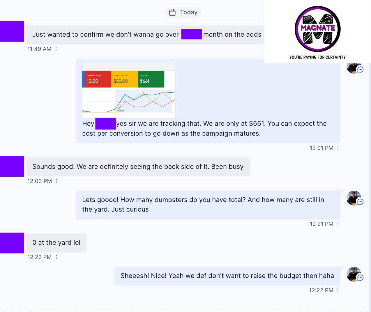 Operator text saying the phone keeps ringing from Google Ads