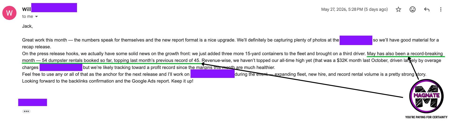 Client message about leads from Google Ads and SEO