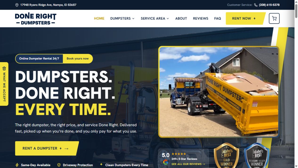 Done Right Dumpsters dumpster rental website built by Magnate, desktop view